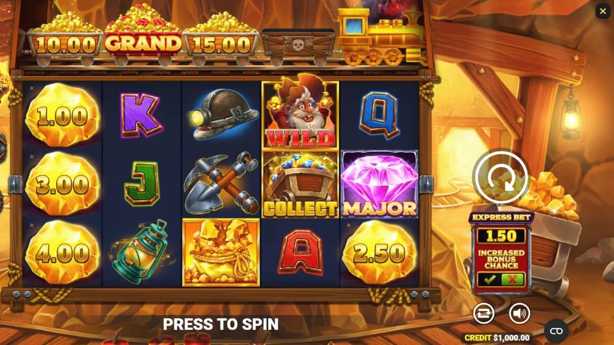 Tampilan visual slot Gold Strike Express dengan tema tambang emas dan kereta api.