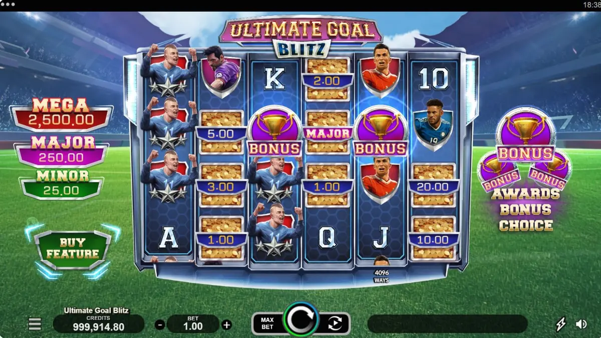 Tampilan visual lapangan sepak bola dalam permainan slot Ultimate Goal Blitz